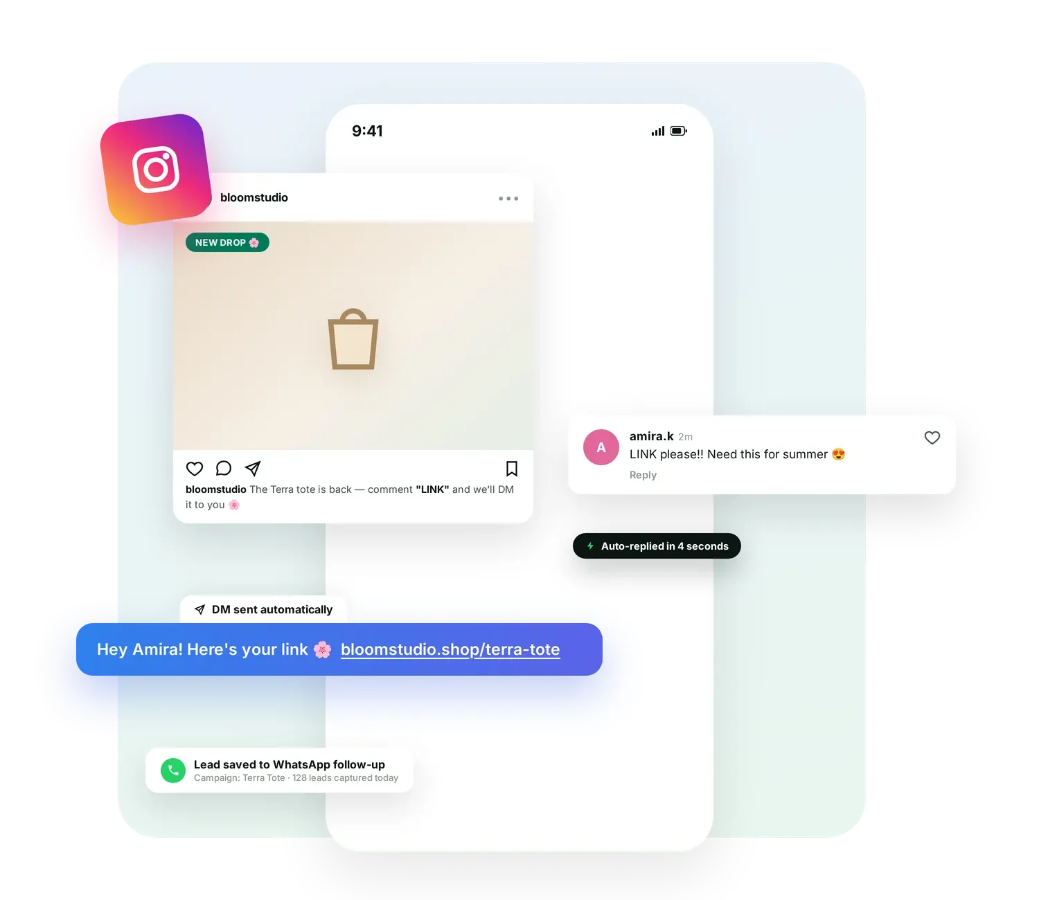 Instagram comment auto-replied with a product link, capturing the lead for WhatsApp follow-up