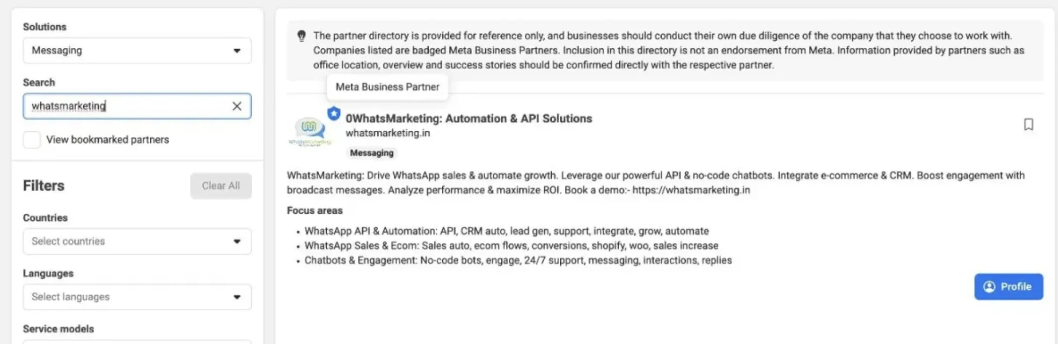 Meta partner directory listing for WhatsMarketing, badged Meta Business Partner